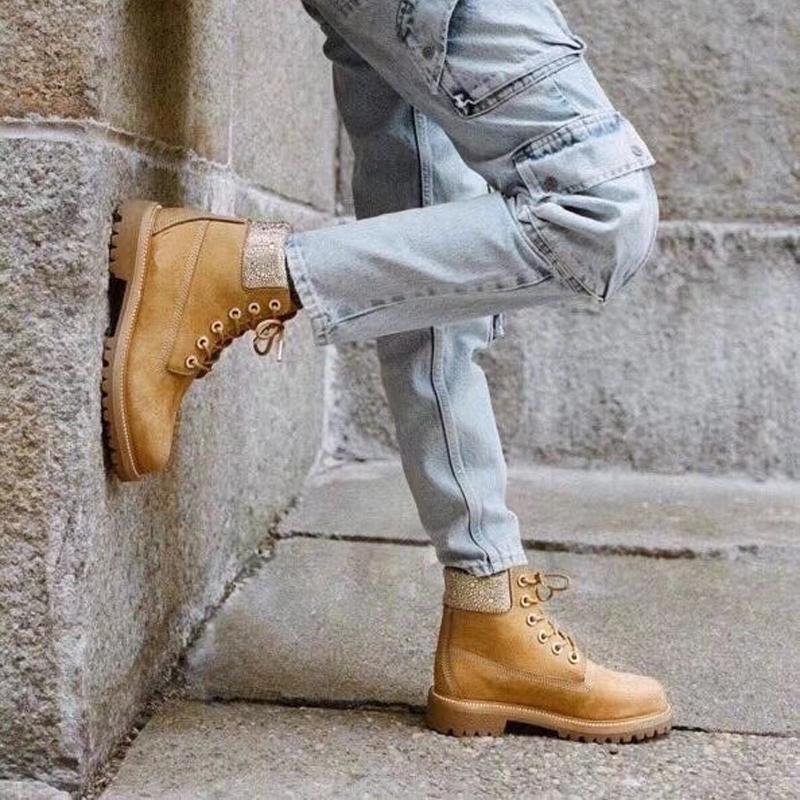 

Vallu 2020 winter new bright rhinestone rhubarb boots explosion models thick-soled short frosted six-hole boots women, Gold