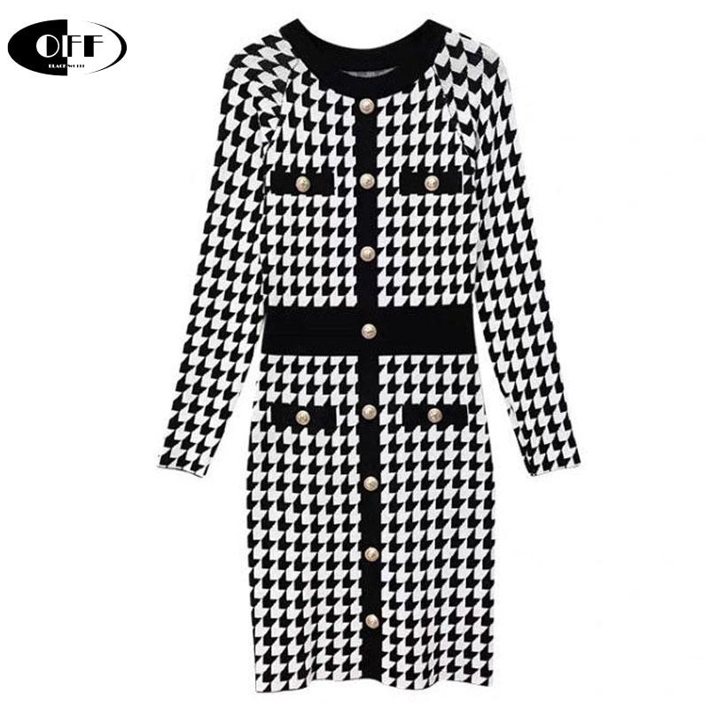 

Autumn Knitted Sexy Woman Dress Moon Houndstooth Long Sleeve Bodycon Elegant Buttons Lady Chic High Waist Dresses Robe Mujer, Black