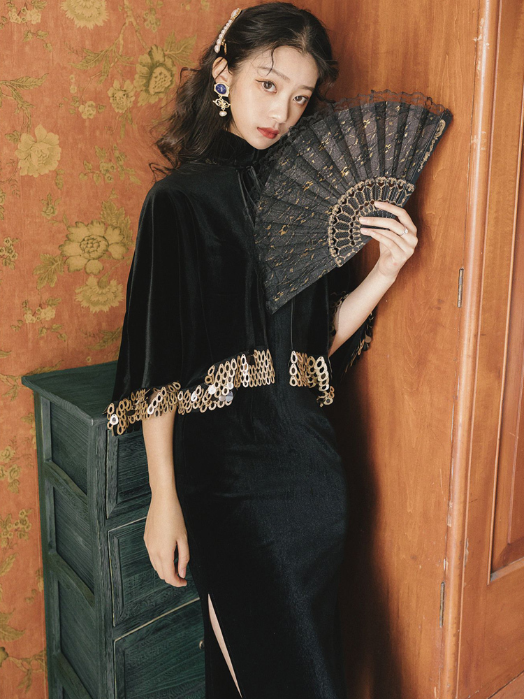 

Black Velvet Embroidered Long Female Dress 2021 Elegant Spring Improved Cheongsam Sheath Night Party Two Pieces Together Oyhr, Blue