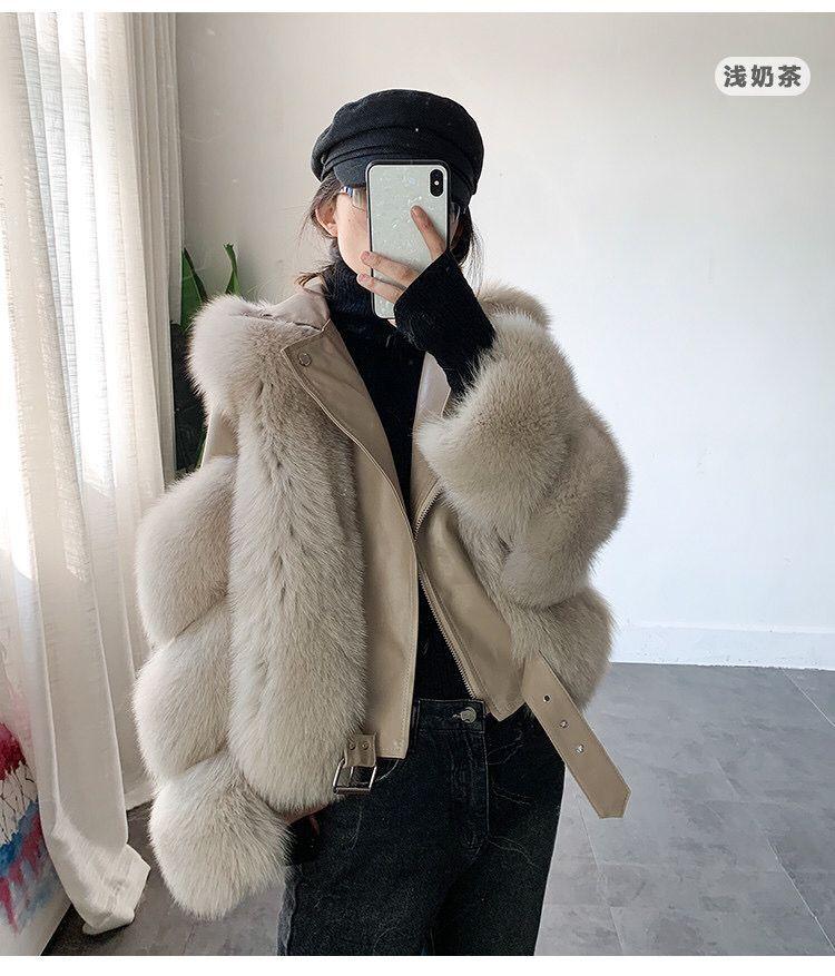 

beige black Real Fur Coat with Genuine Sheepskin Leather Jacket Long Sleeves 100% Natural Fur Coats for Women Hot Sale