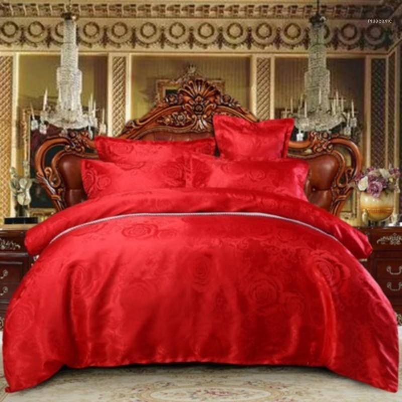 

3/4pcs Silk Bedding Set Satin Queen King Size Comforter Quilt Duvet Cover Linens Pillowcases Bed Sheet Red Wedding Couple1