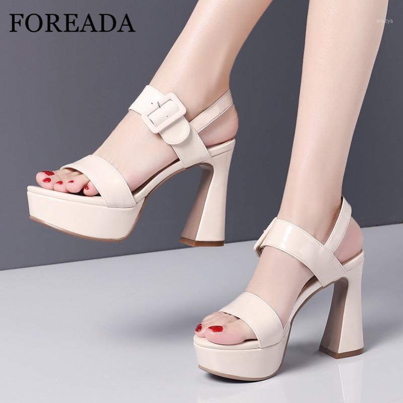 

FOREADA Sandals Woman Platform Extreme High Heels Fashion Open Toe Sandals Buckle Chunky Heel Female Shoes Black White Size 421