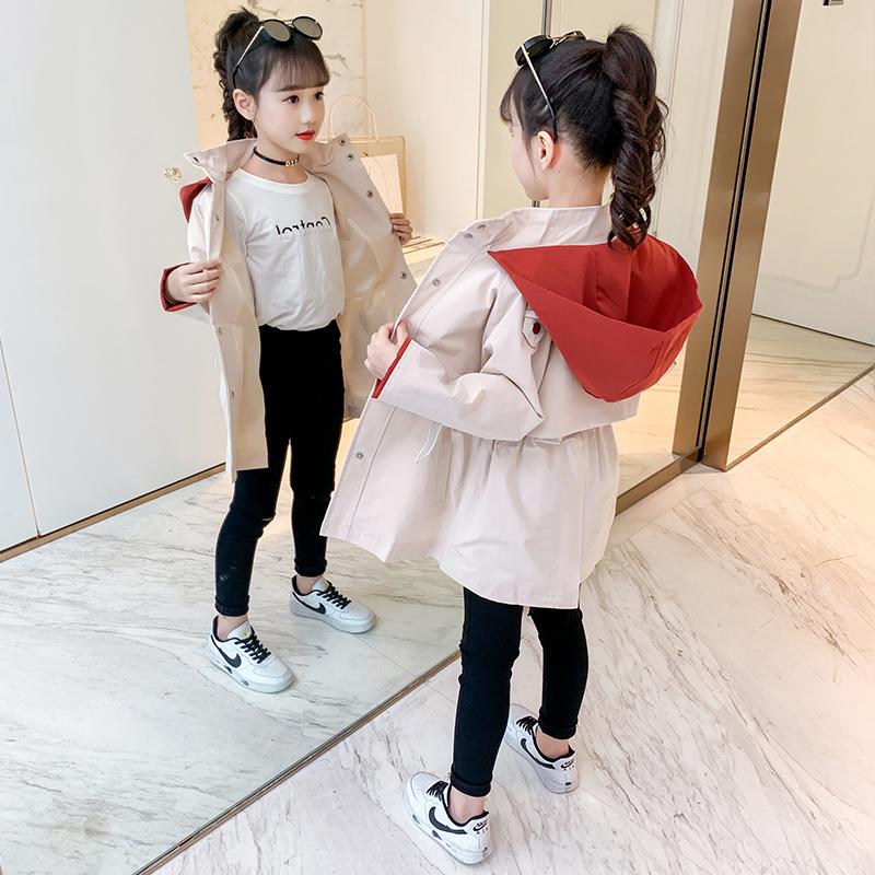 

Children Autumn Trench Coats Girls Long Outerwear Teenage Windbreaker 2020 New Spring Fall Kids Clothes Fashion Hooded Jackets, Beige