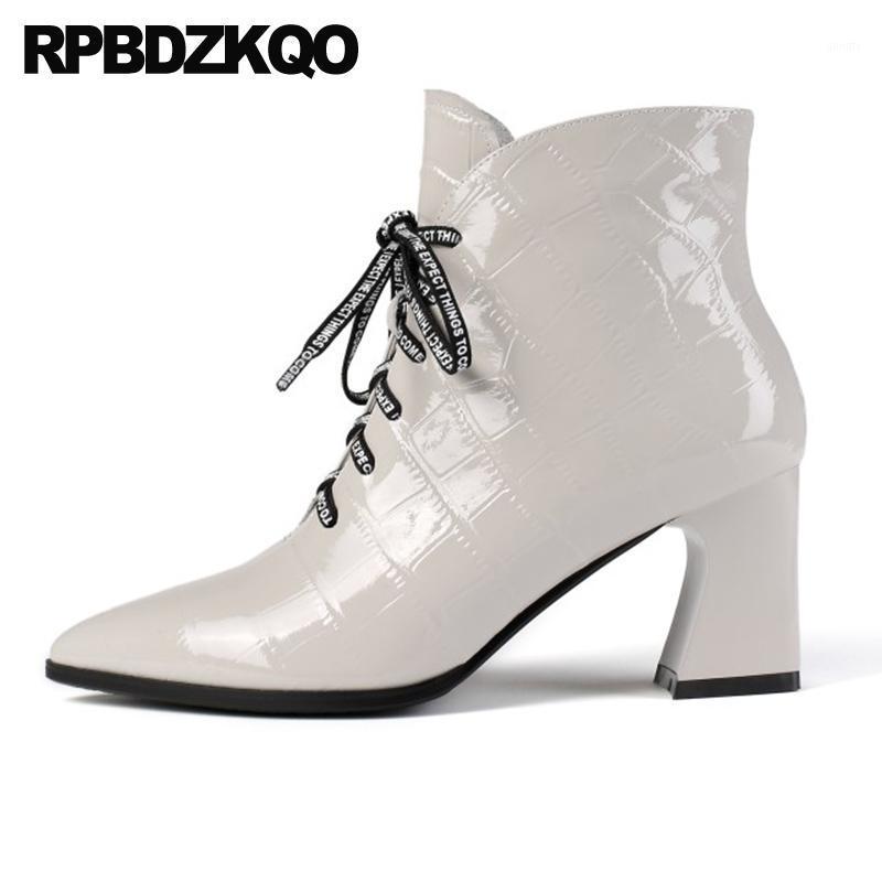 

2020 chunky pointed toe shoes women high heel booties genuine leather front lace up casual ankle boots autumn big size patent1, Beige