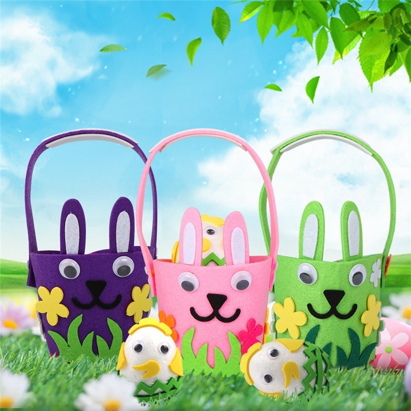 

DIY Felt Easter Basket Handmade Kids Bunny Bucket Cute Rabbit Candy Easter Eggs Bag Handbag Party Storage Decoration Tote GG12001, Pink