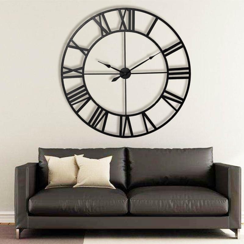 

80cm Modern 3D Large Retro Black Iron Art Hollow Wall Clock Roman Numerals Home Decor Big Clock on the wall