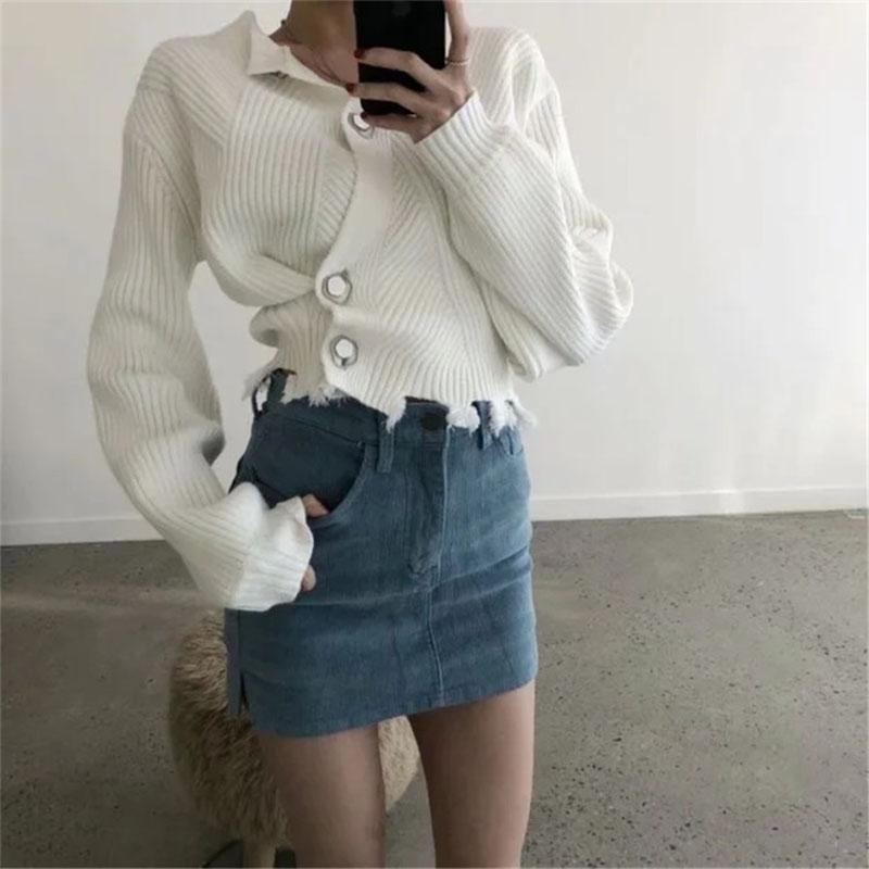 

Women Knitted Cardigan Sweater Fashion Casual Ireegular Solid Color O-neck Long Sleeve Button Coat Ouftits Female Chic Tops, Gray
