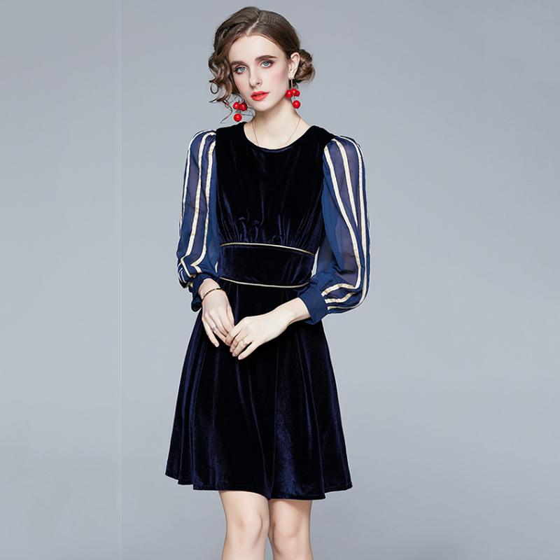 

French Style Vintage Velvet Dress Puff Sleeve Fashion Mini Dress Women High Quality Fashion Dresses Winter Rope Mujer Robe, Navy