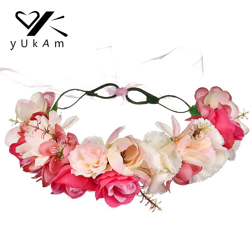 

YUKAM Women Girls Party Wedding Hair Accessories Artificial Flower Hairband Handmade Fabric Flower Wreath Garland Crown Headband