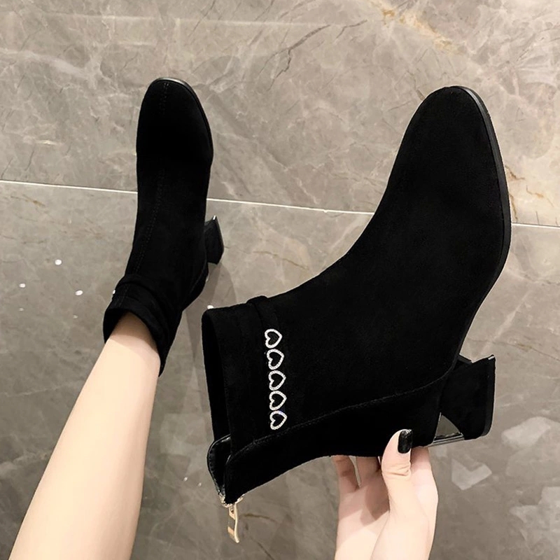 

Plus Size 41 Women Ankle Boots 2020 Winter New Heart Crystal Booties Black Square Heels Dress Shoes Fashion botas mujer 8622N #4U5N