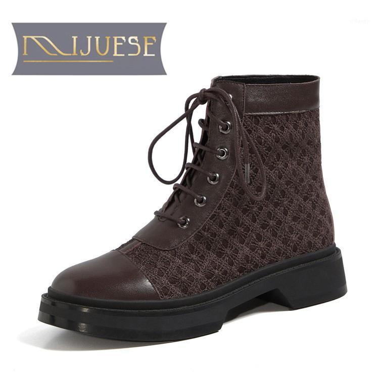 

MLJUESE 2021 women ANKLE boots Cow leather+knitted Winter short plush Round Toe Lace-Up Med heels female boots size 391, Brown