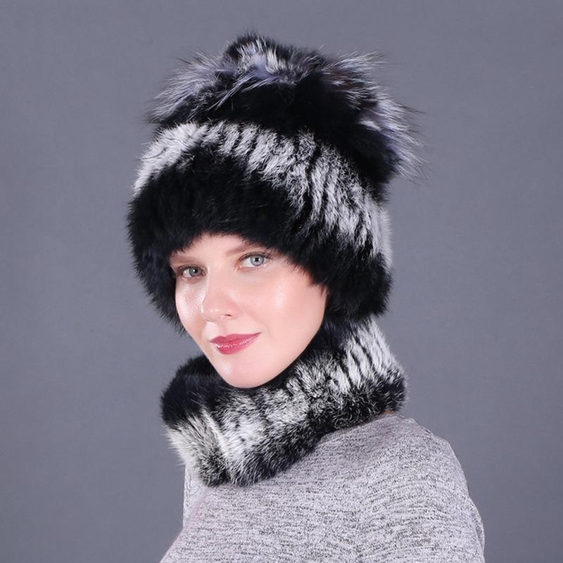 

Elastic Knitted Fur Hats and Collars with Fur Winter Lady Cap Hat & Scarf