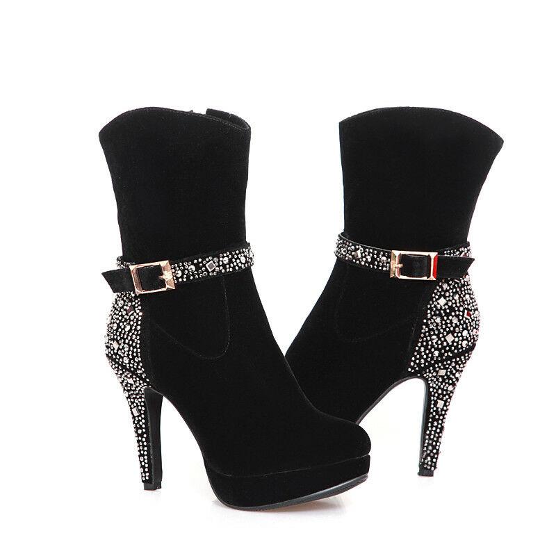 

New Women Stiletto High Heel Ankle Boots Rhinestone Platform Buckle Shoes Party, Black