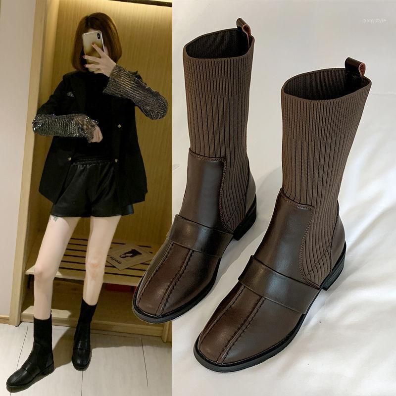 

Autumn Winter Socks Women's British Short Boots Thin Boots Fashion Knitting Match Riding Luxury Shoes Women Designers1, Dark brown
