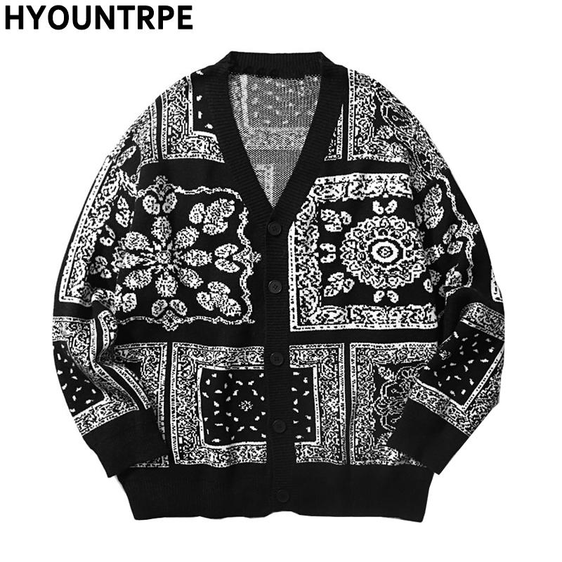 

Mens Harajuku Knitted Sweater Cardigan Retro Vintage Hip Hop Streetwear Autumn Winter Cotton Casual Open Buttons Sweaters Black