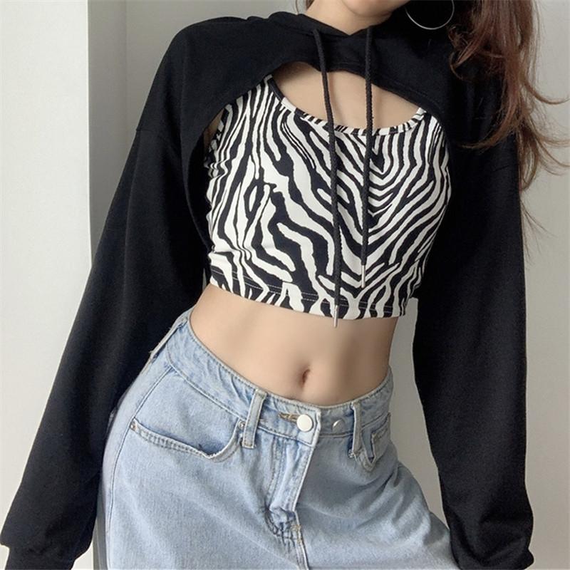 

Women' Spring Autumn Striped Tank and Cropped T-shirt 2Pieces Ladies Long Sleeve Hooded Pullovers Sexy Club Punk Tops, Black