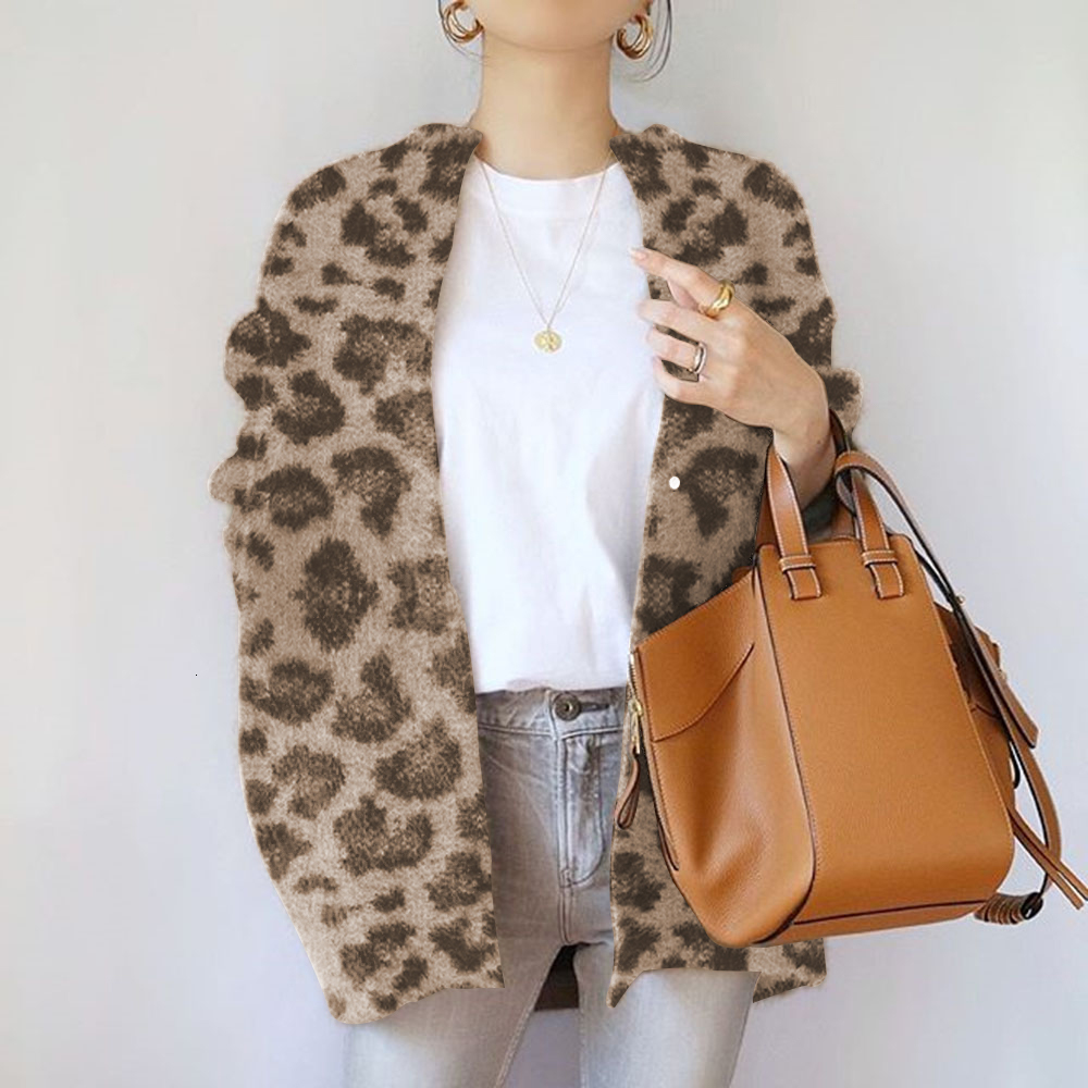 

2021 New Autumn Fashion Leopard Printed Korea Japan Style Knitted Cardigan Outwear Loose Black Sweater Jumpers JIHZ, Multi