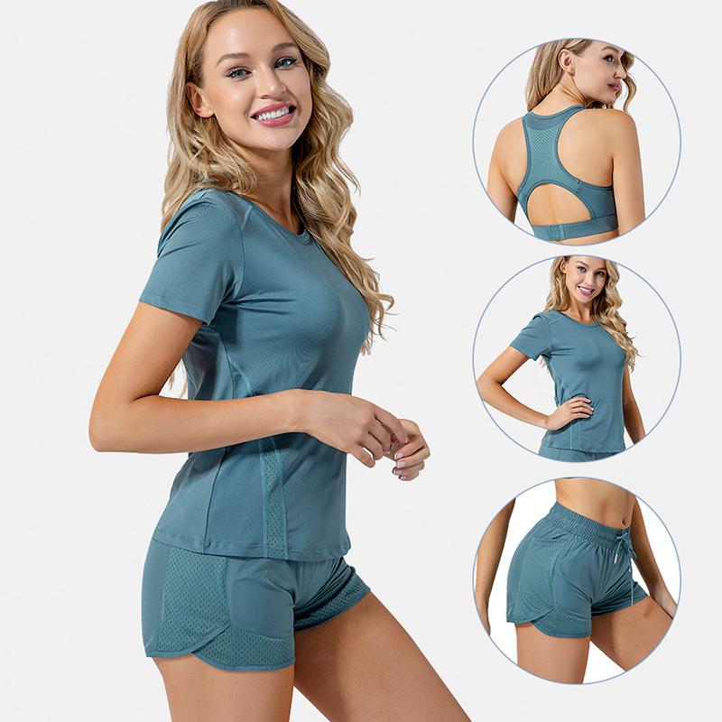 

Women Yoga Set Fitness Sports Suits Gym Clothing 3 Pcs Set Crop Top Short Sleeve Shirts Running Shorts Workout Suit with Pocket, Pink shirt 1pcs