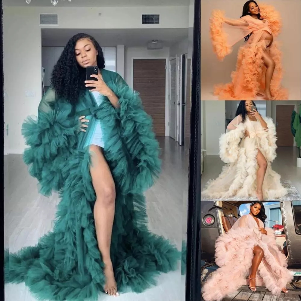 

Sexy See Thru Ruffles Pregnant Woman Prom Dresses Puffy Long Sleeves Tulle Tiered Ruched Robe Evening Gowns African Vestidos, Light purple