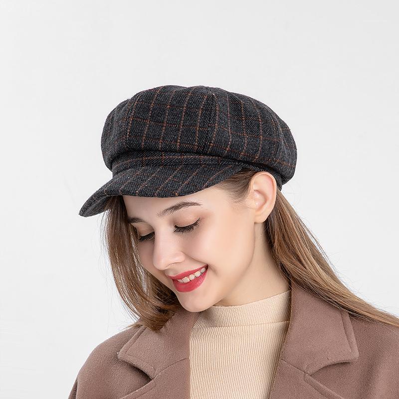

Women woolen Classic lattice winter beret autumn Octagonal Newsboy Painters Cap French retro design art hat Harajuku Flat cap1, Black