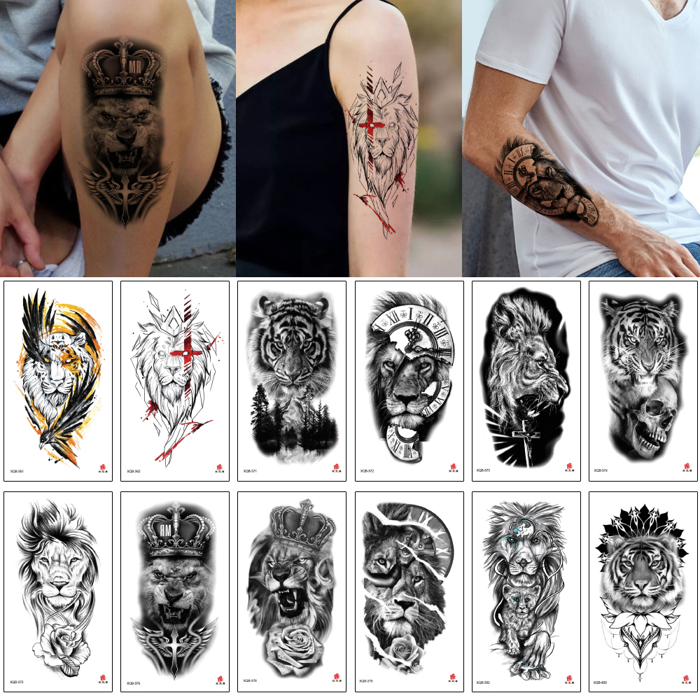 

Waterproof Tattoo Sticker Half Flower Arms Design Fake Wolf Lion Tiger Forest King Animal Decal Temporary Body Art Tatoo for Cool Woman Man