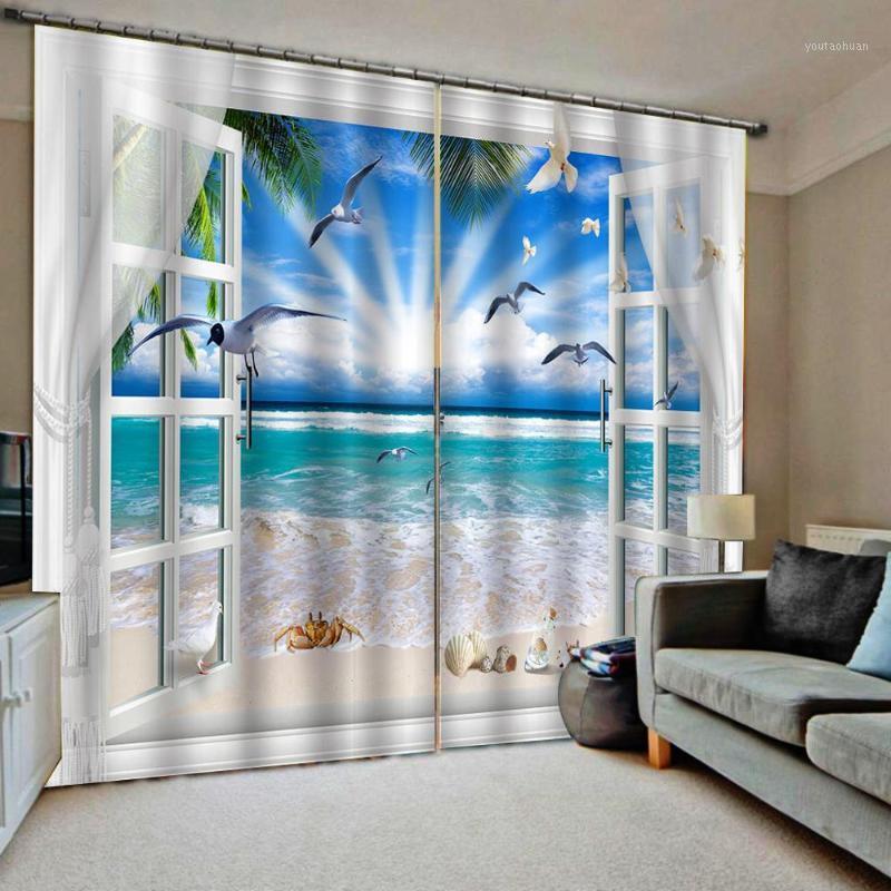 

window 3D Blackout Curtains Living Room Bedroom Hotel Window curtains beach sun1, As pic
