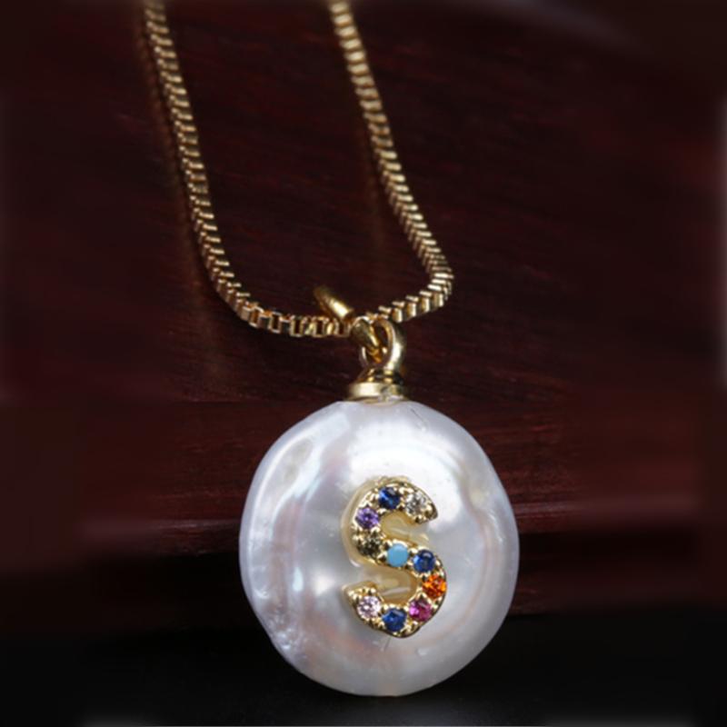 

Freshwater Pearl Pendant Pave Tiny CZ Zirconia A-Z Initials Gold Micro Letter Rainbow Elegant Necklaces for Women Girl Gift