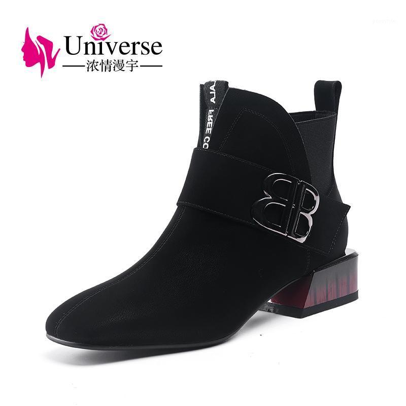 

J325 Lady Cow Leather Round toe Shoes Lady Square High Heels 3.5cm Latest New Design Ladies Boots1, Black