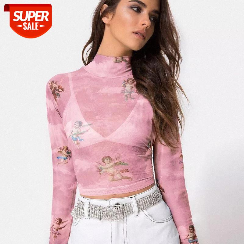 

Hot Sale Fashion Casual Elegant Female Printed Long Sleeve Thin T-shirt Turtleneck Top Women Sexy See-through Sheer Mesh T-Shirt #JD3b, White