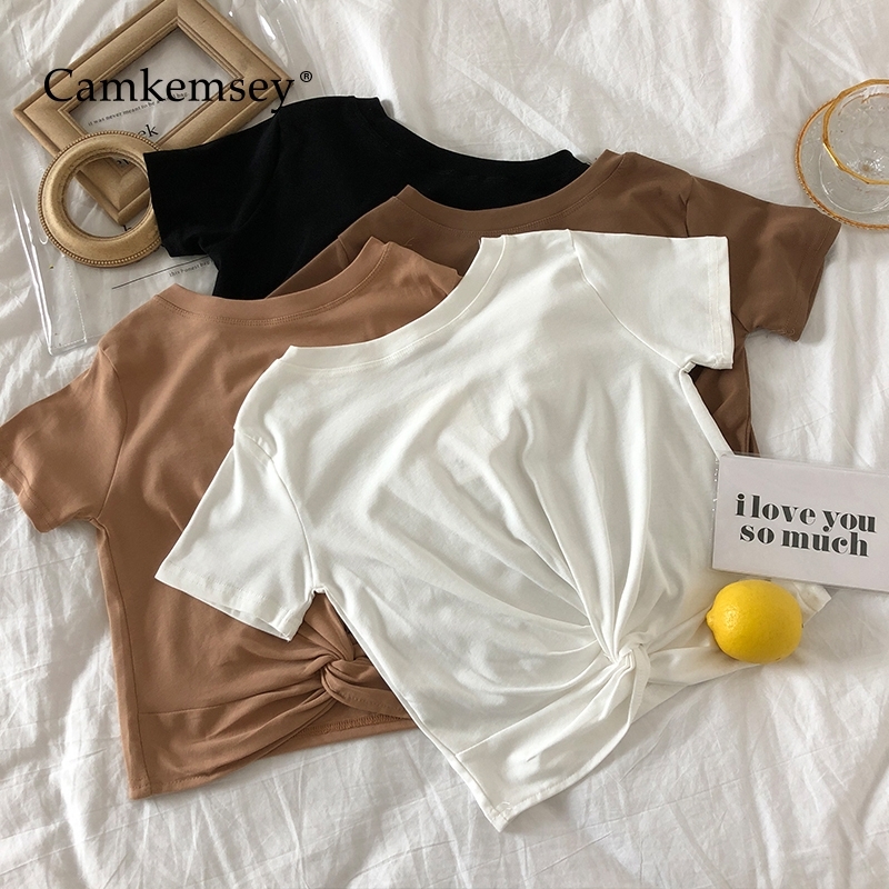 

CamKemsey Korean New Brief Solid Summer T-Shirts Women Casual O-Neck Fashion Twist Knot White Short Sleeve T Shirts Y200109, Khaki