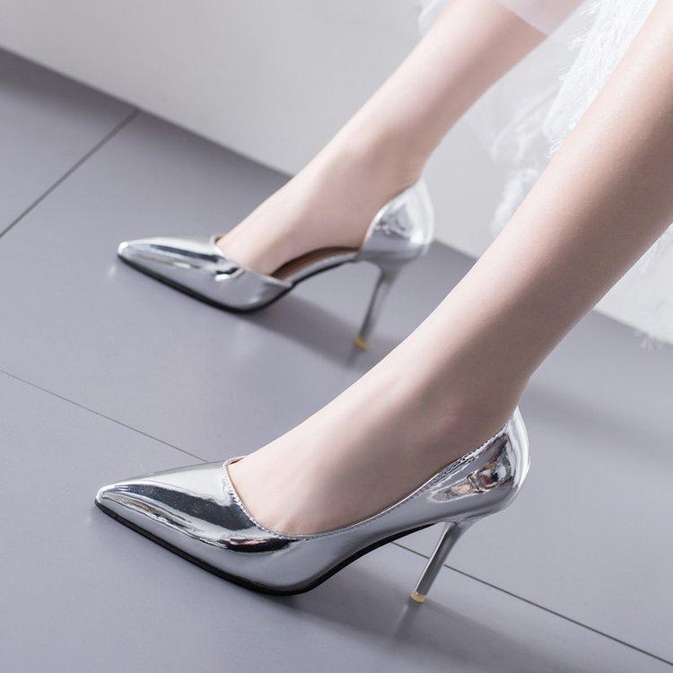 

2020 Women Gold Silver Patent Leather High Heels Pumps Elegant Ladies Pointed Toe Thin Heels Slip on Woman Shoes1, Black