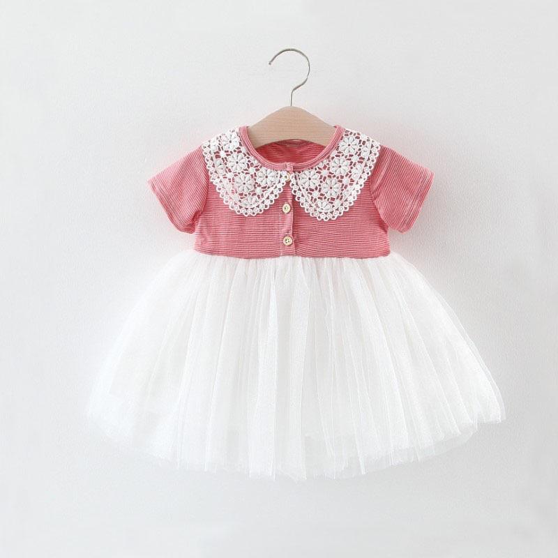 

Girls dress summer new girls Slim mesh dress striped short-sleeved stitching children's clothing, Pink