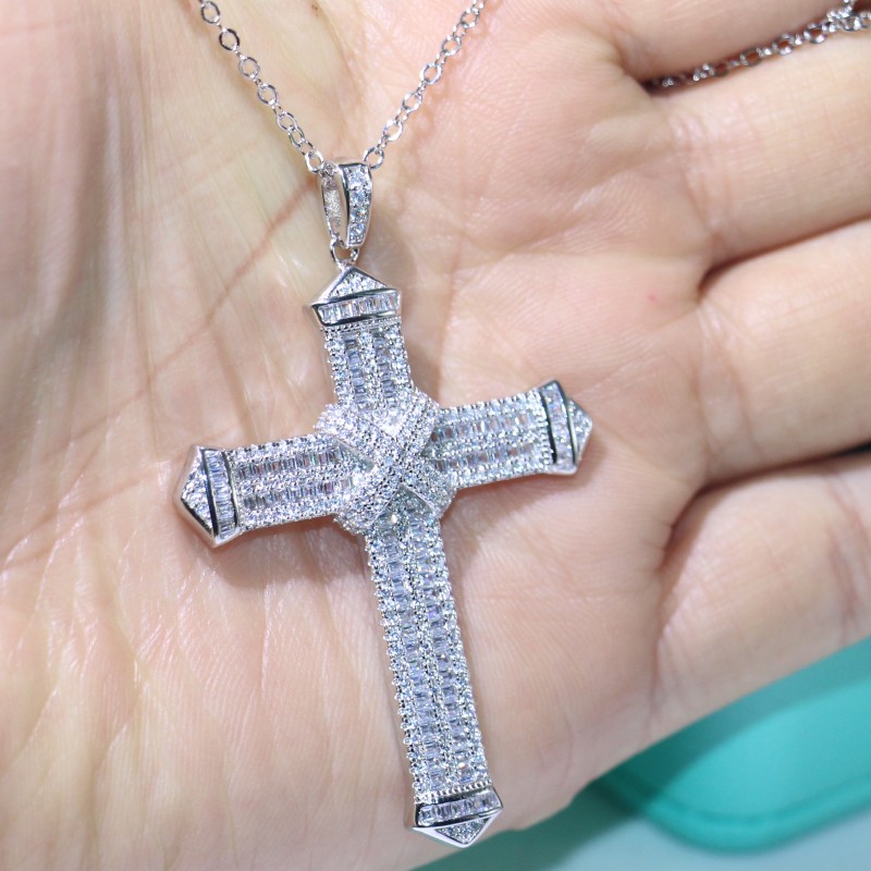 2020 New Sparkling Luxury Jewelry 925 Sterling Silver Princess Cut White Topaz CZ Diamond Gemstones Cross Pendant Party Women Necklace Gift-image-645487887