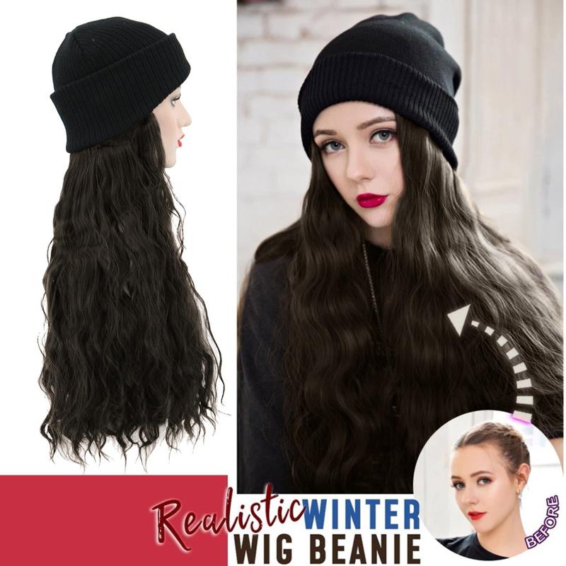 

Wide Brim Hats Synthetic Long Curly Knit Skiing Winter With Hair Wig Beanie Attached Hat For Girl Hang Out Natural Cotton Made #128, Black