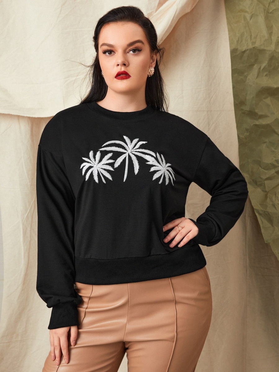 

Plus Tropical Embroidery Sweatshirt y8ji#, Black