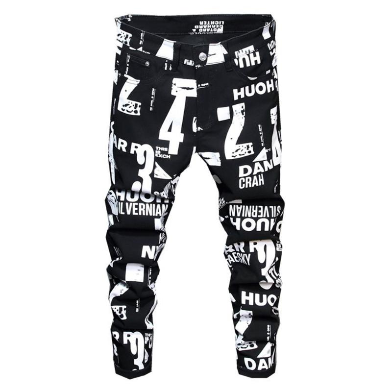 

Men's White Letters Numbers Print Black Jeans Trendy Sim Fit Stretch Denim Pencil Pants Trousers, Blue