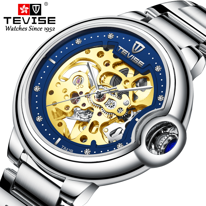 

Fashion Brand TEVISE New Men Automatic Mechanical Watch Stainless Steel Skeleton Wristwatch Male Gifts Clock, Gold