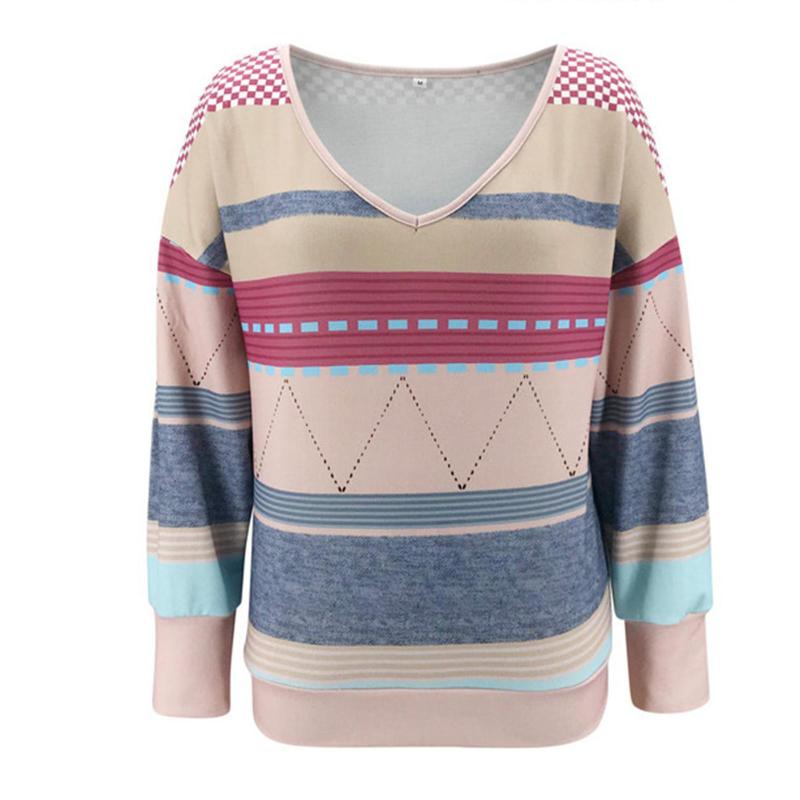 

Stripe Long Sleeve Multicolor Green Red V Neck Temperament Women Fashion Loose Blouse Top Casual Shirt Pullover Wholesale 2021
