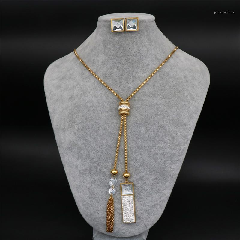 

Earrings & Necklace High Quality Fashion Stainless Steel Jewelry Sets Long Chain For Woman, Silver