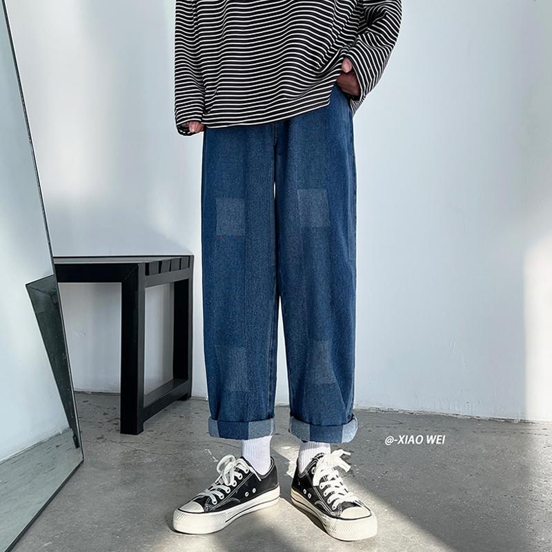 

men's Plaid jeans Wide Leg Jeans 2021 Spring Summer Male Fashion Hip Hop Casual Loose Straight Baggy Denim Pants Streetwear, Light blue
