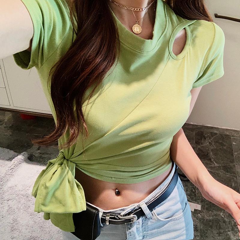 

Women's T-Shirt 2022 Summer Tops T Shirt Women Sexy Hollow Out Bandage Tee Femme Fashion Solid Color O-neck Shirts Female Short Crop Top, White