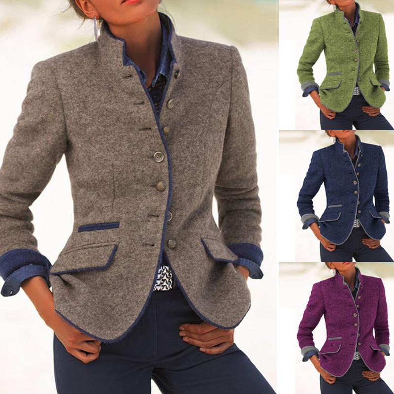 

Fashion Spring Autumn Lady Jacket Coat Outwear Coat Jacket Women Slim Overcoat Casual Solid Color Button Female Elegant Top, Blue