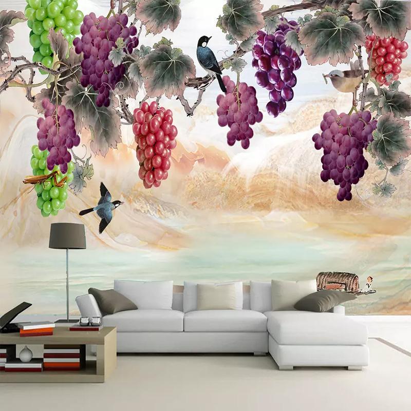 

Custom 3D Wall Murals Wallpaper New Chinese Style Hand Painted Purple Grape Flowers Birds Art Wall Painting Living Room Bedroom, Silk cloth