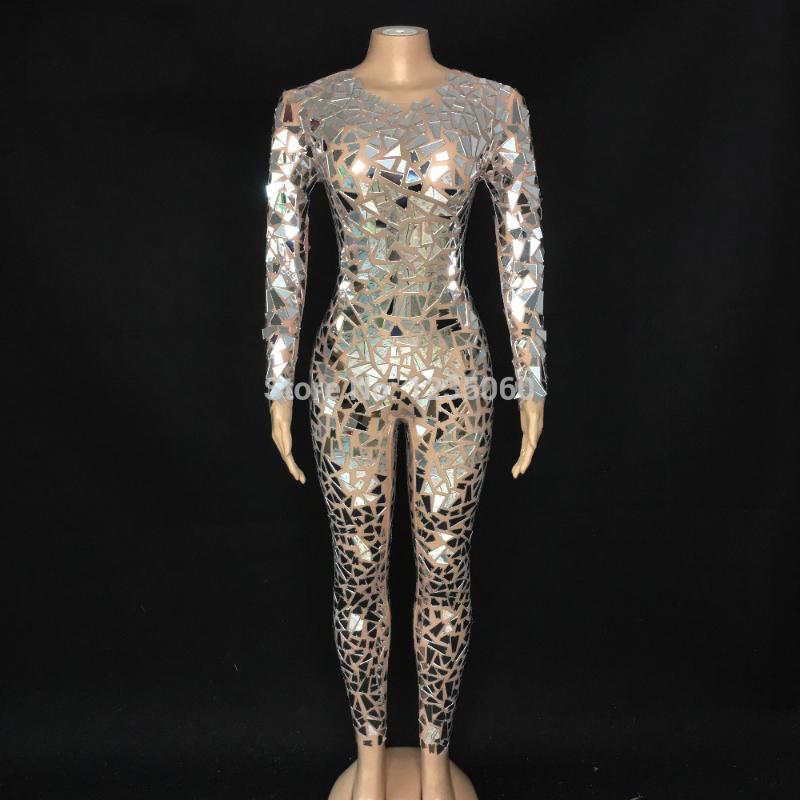 

Full Silver Mirrors Transparent Sexy Jumpsuit Birthday Celebrate Mesh Sequins Outfit Prom Dance Stage Singer Bodysuits