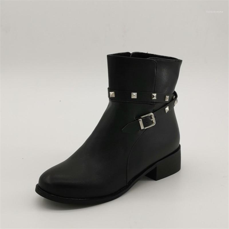 

PXELENA Rivet Buckle Women Ankle Boots Low Heels Shoes Ladies Combat Biker Motorcycle Short Bootie Black Plus Size 34-431, Black flock