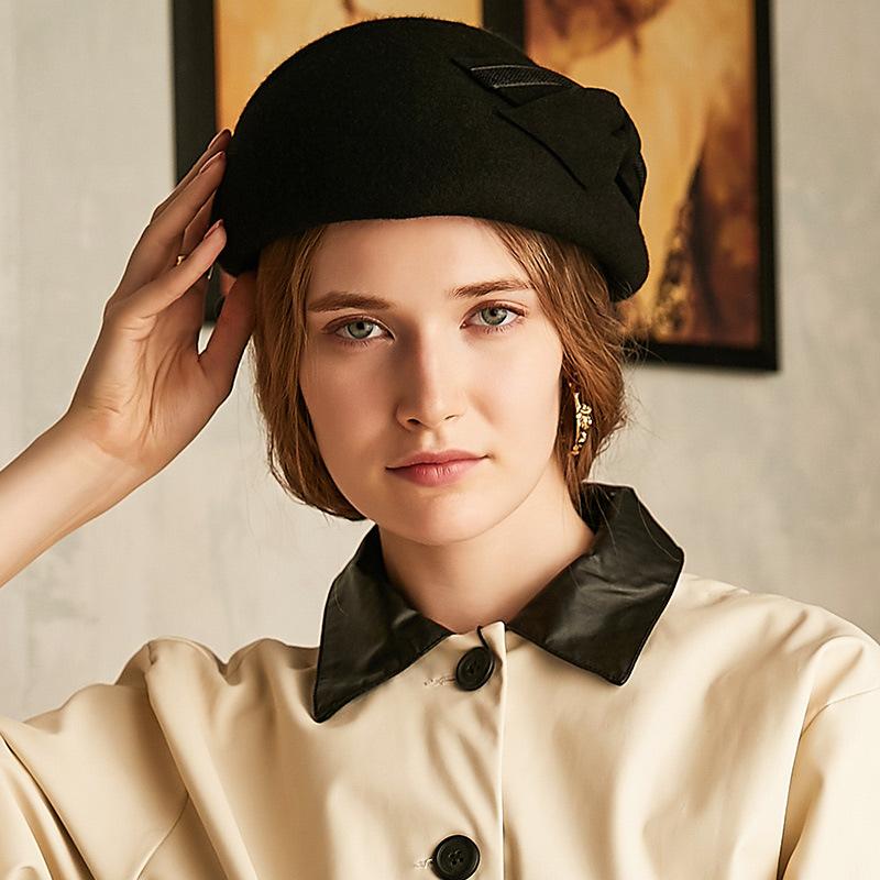 

2020 Lady stewardess hat chic painter hat party new fedora cap ladies 100% Australia wool felt beret 55-57cm, Black