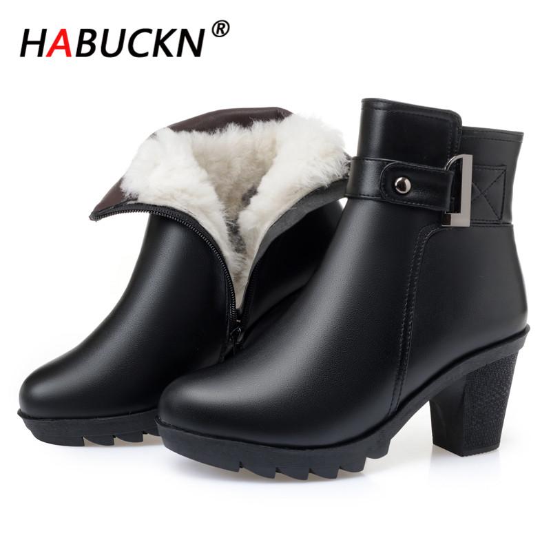 

HABUCKN 2020 Women's leather women's boots thick-soled high-heeled ankle boots round-toed winter shoes women Basic Wool, Blackwool
