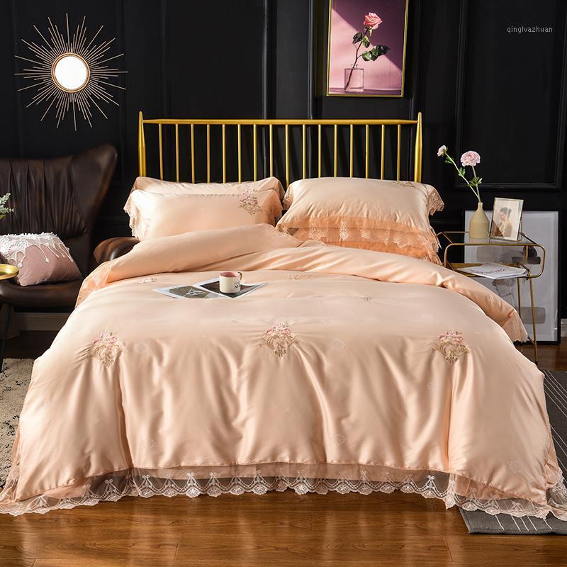 

60S Satin Pure Cotton Modern Style Lace Embroidery 4pcs Duvet Cover Bed Sheet Pillowcases Solid Light Gold Ice Blue Purple Ruby1