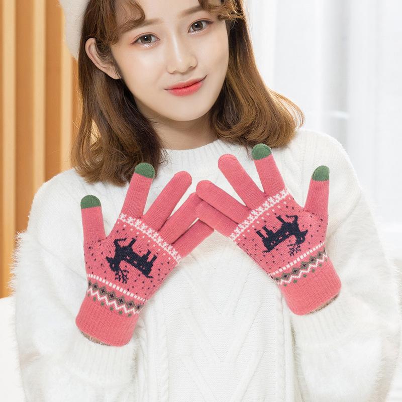 

New touch screen knitted gloves winter women's thick woolen mittens outdoor riding cold-proof warm gloves