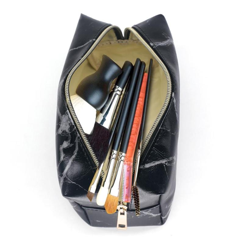 

Women Portable Black Marble PU Leather Cosmetic Bag Portable Ladies Travel Makeup Brushes Bag Zipper Storage